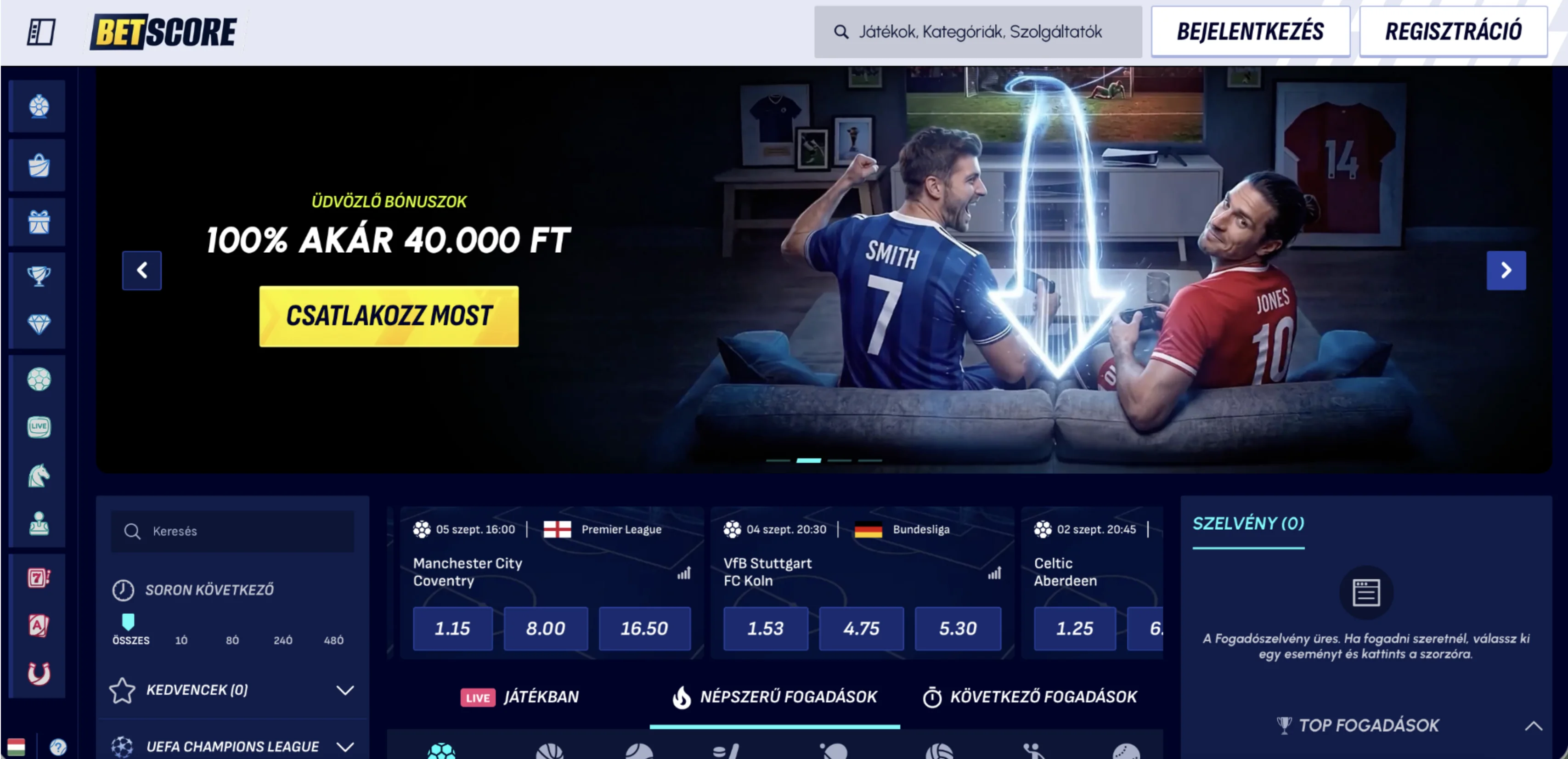 BetScore sportfogadás felület